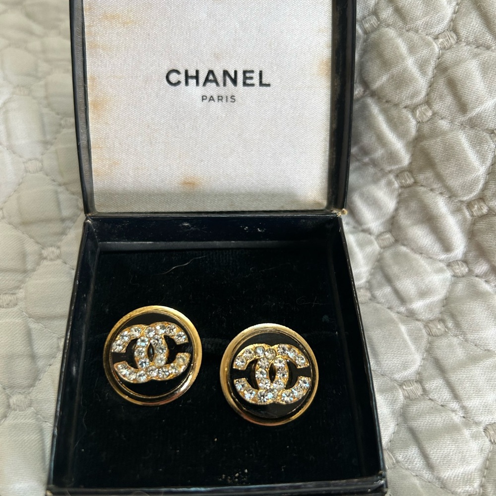 CHANEL Gold and Crystal CC Logo Button Earrings
